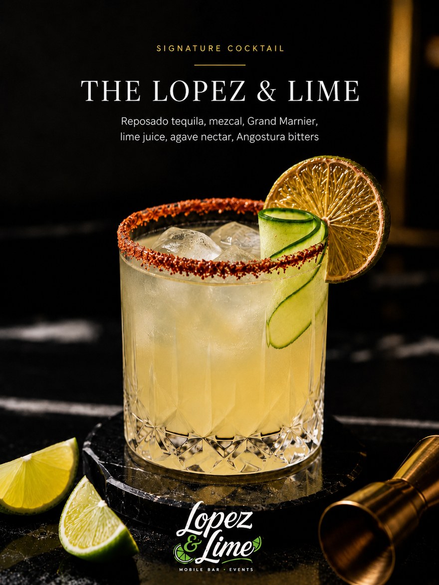 The Lopez & Lime signature cocktail, served in a chili-rimmed glass with a cucumber ribbon and lime wheel garnish. Reposado tequila, mezcal, Grand Marnier, lime juice, agave nectar, Angostura bitters.